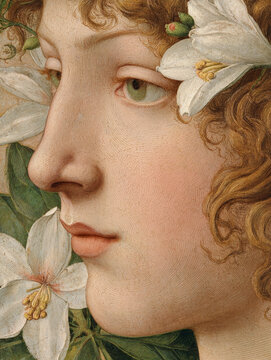 Detailed facial close up featuring young woman with curly hair adorned with white flowers. soft texture of her skin and delicate floral elements create and fresh appearance