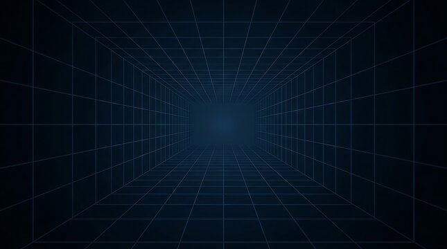 Abstract dark blue digital tunnel grid with abstract technology geometric perspective architecture