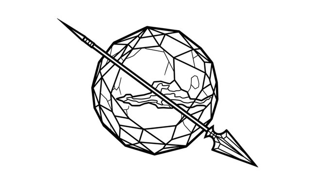 Abstract Crystal Sphere Pierced by Spear Line Art Illustration