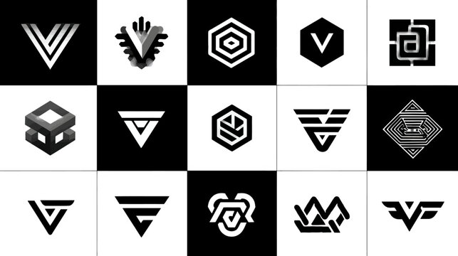 Modern abstract geometric letter V logo designs collection. Creative minimalist vector emblems and brand identity elements on black and white background.