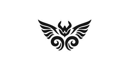 Obraz premium Stylized mythical winged creature graphic with horns and tribal swirl motif, black and white vector symbol or emblem
