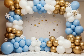 Naklejka premium Archway decorated with blue white and gold balloons. Snowflakes and stars adorn festive party backdrop. Perfect for winter holidays or any celebration event.