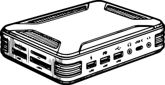 Multi Port Rectangular Mini PC Black and White Vector Illustration