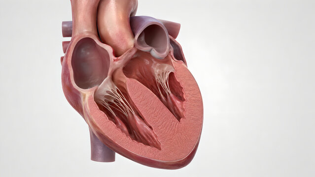 Photorealistic 3D Heart Cutaway, Mild Left Ventricular Wall Thickening, Pressure-Overload Hypertrophy, Concentric Myocardial Thickening, Preserved Ventricular Cavity, Medical Anatomy