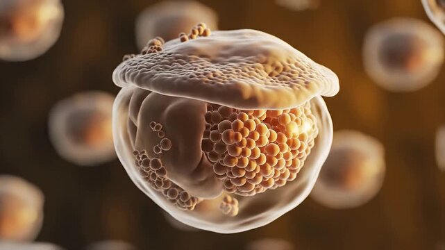 High-Resolution CGI Medical Visualization of Biological Cell Structure with Nucleus and Cytoplasm in Motion