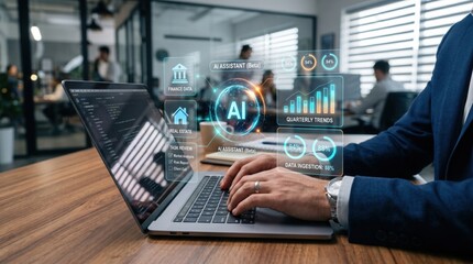 Obraz na płótnie Canvas A professional in a suit working on a laptop with advanced AI data visualization interface, likely analyzing complex data in a modern office