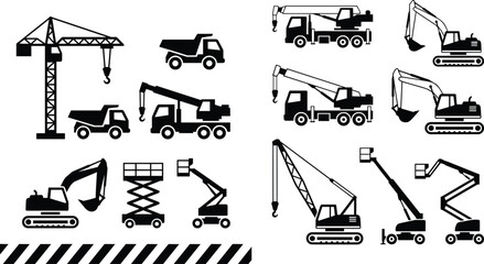 Silhouette Collection of Construction Machinery Including Cranes, Excavators, Dump Trucks, and Lifts with Industrial Caution Design © Shariful