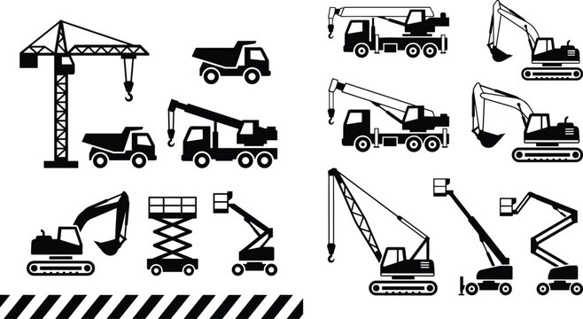 Silhouette Collection of Construction Machinery Including Cranes, Excavators, Dump Trucks, and Lifts with Industrial Caution Design