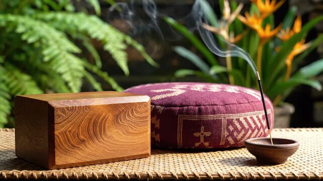 Serene meditation setup with burning incense stick, patterned cushion, and wooden block, tropical plants and flowers in soft focus background