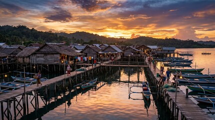 Fototapeta premium Traditional Indonesian Fishing Village Sunset Wooden Houses Stilts Water Reflection Cinematic