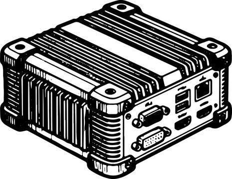 Rugged Industrial Mini PC with Ports Black and White Vector Illustration