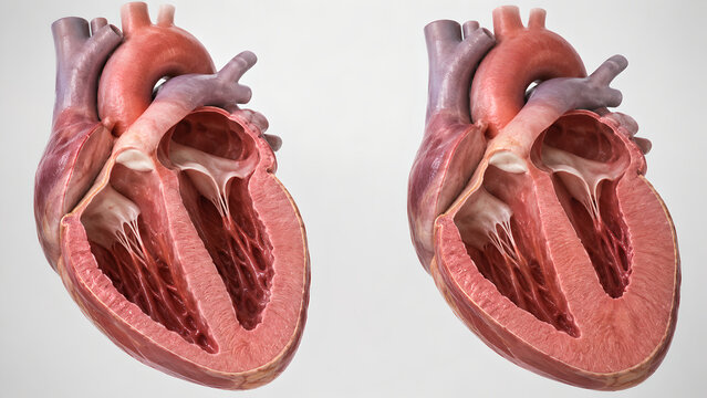 Photorealistic 3D Heart Cutaway, Mild Left Ventricular Wall Thickening, Pressure-Overload Hypertrophy, Concentric Myocardial Thickening, Preserved Ventricular Cavity, Medical Anatomy