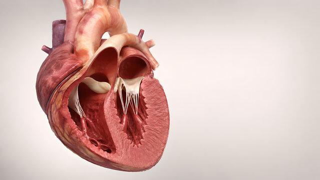 Photorealistic 3D Heart Cutaway, Mild Left Ventricular Wall Thickening, Pressure-Overload Hypertrophy, Concentric Myocardial Thickening, Preserved Ventricular Cavity, Medical Anatomy