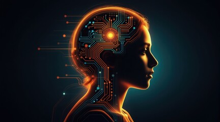 Obraz premium Human head profile overlaid with glowing digital circuits. Represents artificial intelligence, tech education, cybernetic brain, neural networks. Innovation, data processing, future tech concepts.
