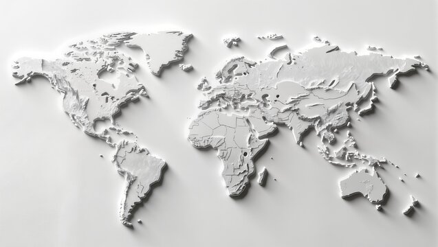 Clean Minimalist 3D World Map Illustration on a Textured White Background
