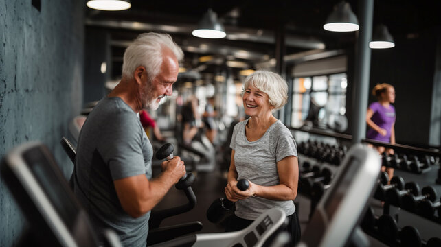 Active elderly individuals engage in joyful workout session at modern gym, their enthusiasm for fitness and healthy living. Their camaraderie highlights importance of staying active