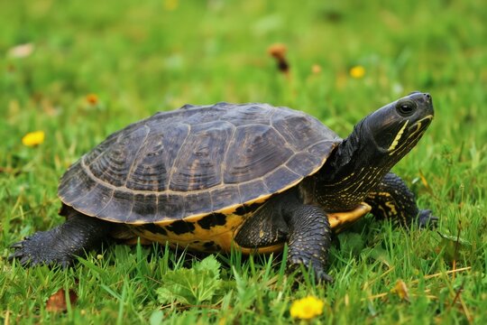 Common snapping turtle crawls on rich green meadow with yellow flowers. Reptile with patterned shell moves slowly on grass. Wildlife animal in natural habitat, looks alert.