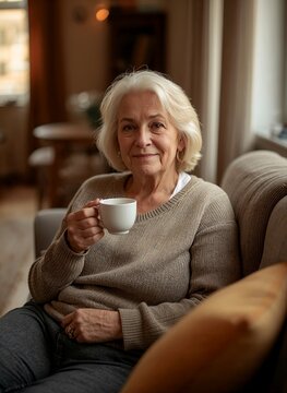 Senior woman coffee cozy home lifestyle retired female smiling happy