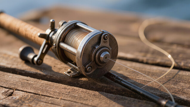 Closeup of vintage fishing rod and reel with line on weathered wooden dock by water, hobby leisure outdoor sport equipment detail, angling gear in warm sunlight near lake