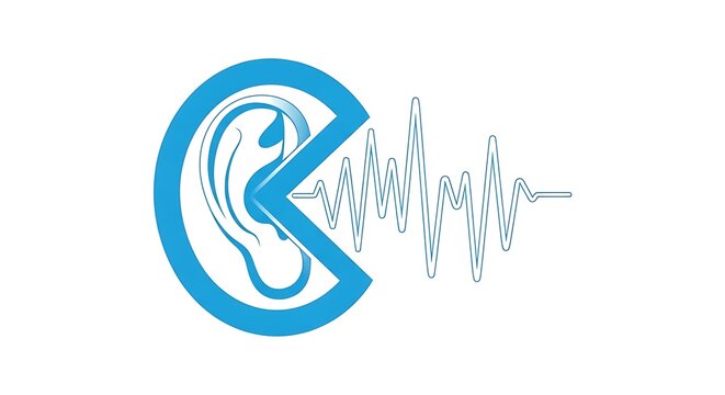 Soundwave Illustration of Ear within a Circular Outline on White Background.