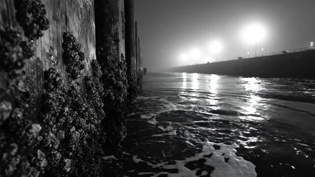 Black and white seaside shot with wooden pilings, barnacles, and streetlights reflecting on the water at night