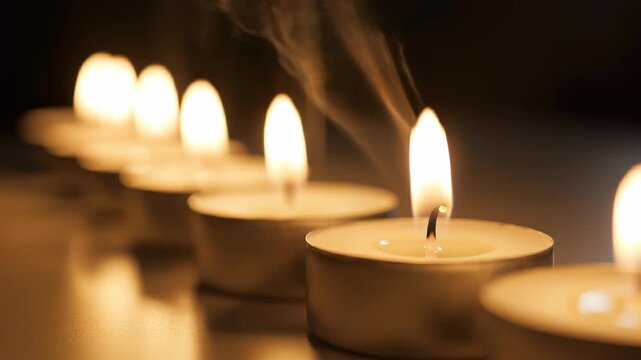 Row of lit tealight candles with flickering flames and wisps of smoke rising, creating a warm and serene atmosphere in a dimly lit setting
