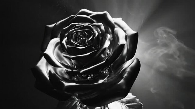 Luxurious grayscale studio shot of a lustrous silver rose with reflective metallic surfaces and soft radiant lighting