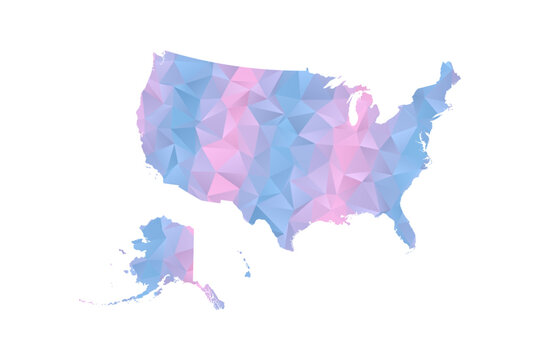 United States of America Map - Polygon Style Vector Illustration in Pastel Blue and Pink Gradient, Low Poly Geometric Design, Isolated on White Background for Infographics and Education.