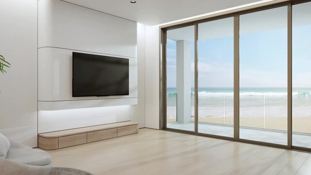 Minimalist living room with smart tv and media console above wooden floor in cozy interior 3d rendering. Sea view through large glass door of beach house for calm vacation.