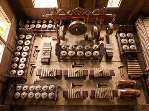 Traditional Indonesian Gamelan Bronze Gong Instruments Flat Lay Warm Light Top View