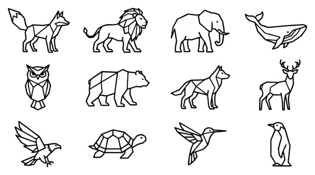 Minimalist geometric wildlife animal set featuring various wild creatures rendered in a clean linear vector art style for modern design