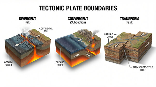 3d geology infographic comparing divergent convergent transform tectonic plate boundaries with crust fault rift subduction for earth science education classroom posters research communication