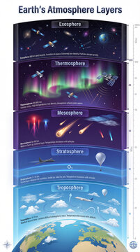Earth atmosphere layers infographic showing troposphere stratosphere mesosphere thermosphere exosphere with ozone aurora meteors satellites for classroom science poster isolated on white background