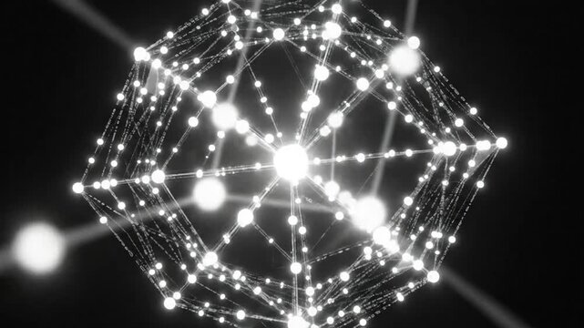 Abstract Geometric Structure with Glowing Spheres and Connections Emerging from Dark Cloud