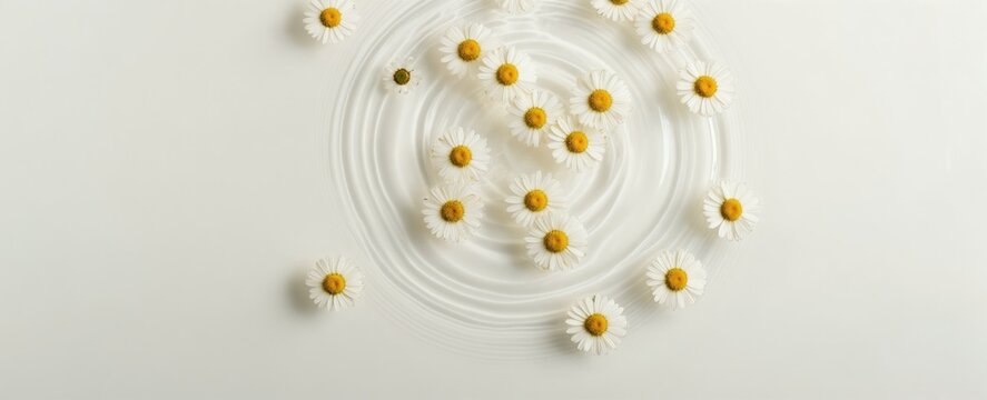 White chamomile flowers float on calm water with concentric ripples. Natural organic ingredients for skincare, beauty, wellness, and spa treatments. Delicate blossoms create a peaceful backdrop.