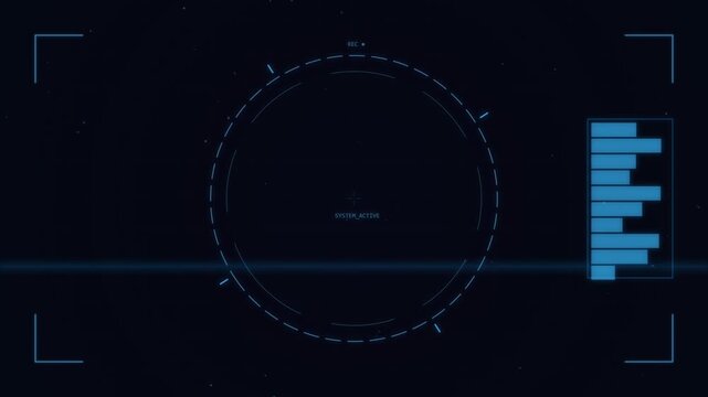 Futuristic digital HUD interface screen showing system active recording with blue scanning light line and data motion graphics