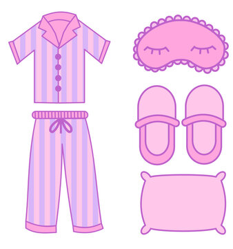 Set of pink elements with pajama, sleep masks, home slippers and pillow.Sleep time symbols.Sign, symbol, icon and logo isolated.Pajama party stickers.Cute nightwear.Cartoon vector illustration.