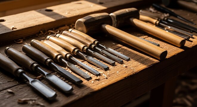 A collection of woodworking chisels and a mallet neatly arranged on a wooden workbench in natural light