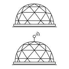 Line art illustrations of two geodesic domes, one showing architectural design, the other with a wireless antenna for communication and future technology © Efendi
