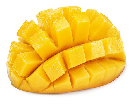 Half of mango fruit cut in "hedgehog" style on white background. File contains clipping paths.