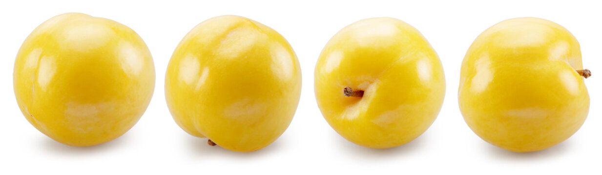 Collection of ripe yellow chinese plums isolated on white background. File contains clipping paths.
