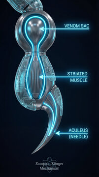 Scientific scorpion stinger mechanism infographic showing venom sac striated muscle aculeus needle for arachnid anatomy education toxicology poster isolated on dark studio background with cutaway