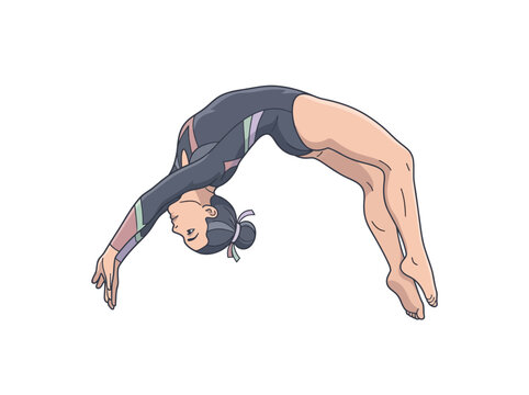 Female gymnast performing acrobatic back handspring isolated vector illustration.