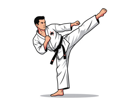 Karate fighter delivering a powerful high kick martial arts pose vector illustration.