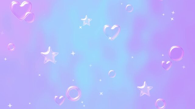 ゆめかわいい3Dガラスのハートと星が浮かぶループ背景動画（ブルー＆パープル）
