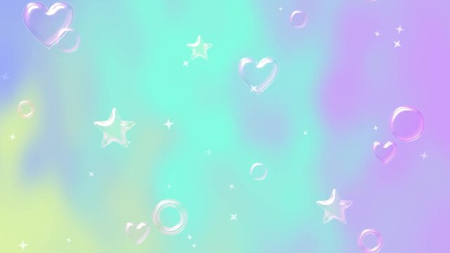 ゆめかわいい3Dガラスのハートと星が浮かぶループ背景動画（グリーン＆水色）