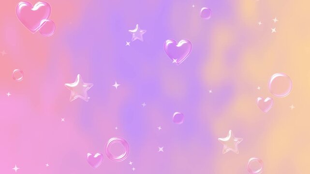 ゆめかわいい3Dガラスのハートと星が浮かぶループ背景動画（オレンジ＆ピンク）