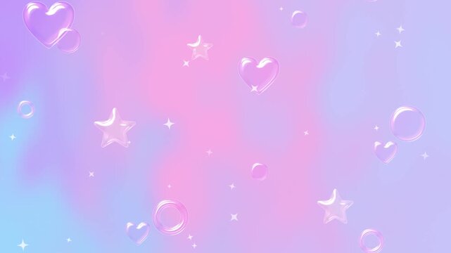 ゆめかわいい3Dガラスのハートと星が浮かぶループ背景動画（ピンク＆パープル）