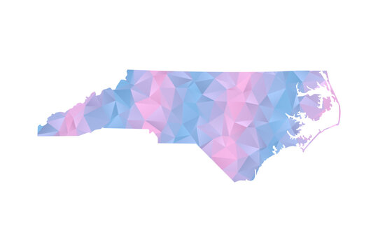 North Carolina Map - Polygon Style Vector Illustration in Pastel Blue and Pink Gradient, Low Poly Geometric Design, Isolated on White Background for Infographics and Education.