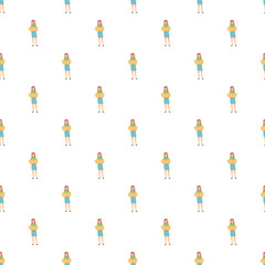 Fototapeta premium Young woman holding a map looking for directions creating a seamless pattern